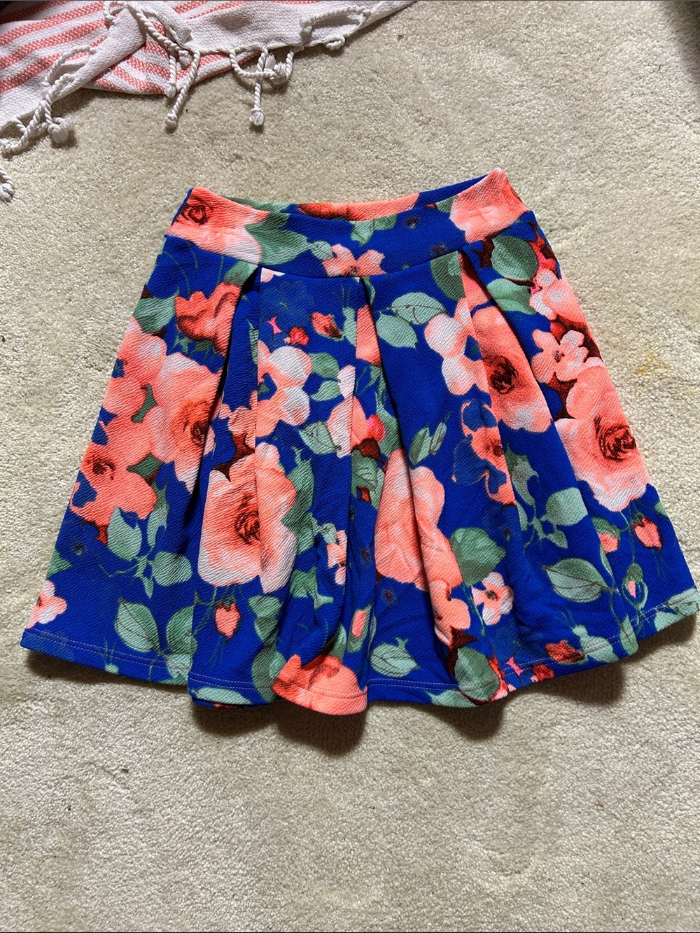 Charlotte Russe Blue Floral Skater Skirt with Coral Blooms